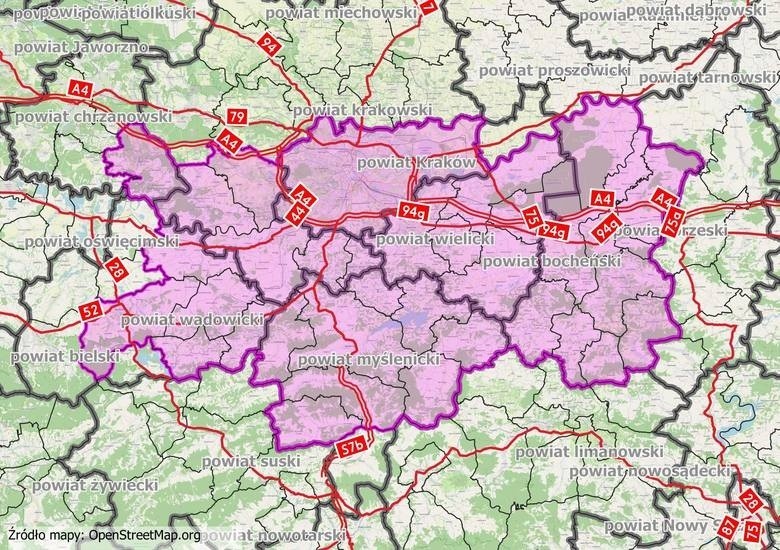 Ta mapa przedstawia zakres studium korytarzowego S7...