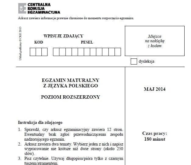 MATURA 2014 - JĘZYK POLSKI (p. rozszerzony) - ARKUSZ CKE
