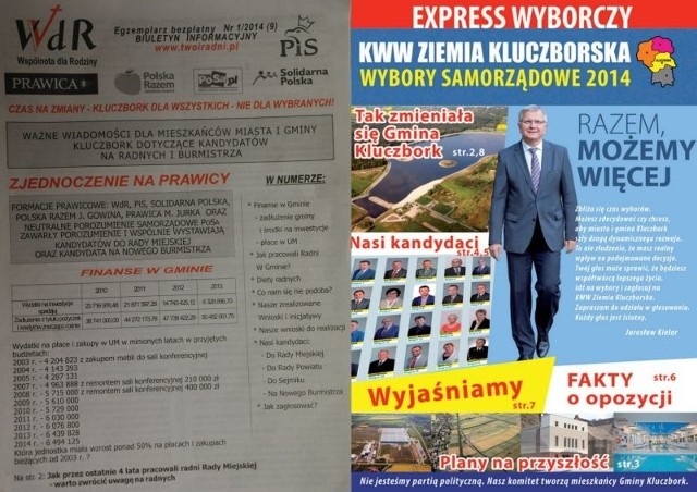 Pierwsze strony gazet wyborczych kluczborskiej opozycji i koalicji.