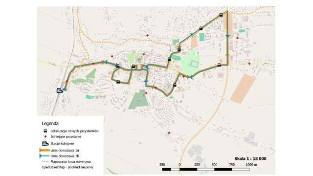 Planowany przebieg trasy przejazdu autobusów miejskich wraz z proponowaną lokalizacją przystanków
