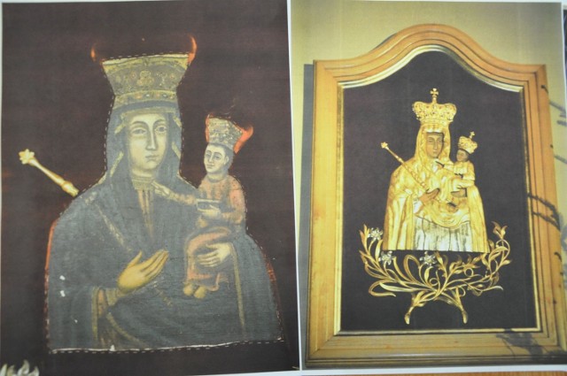 XVII-wieczna ikona Matki Boskiej Łaskawej z Korbielowa, po lewej sam obraz, a po prawej w ramie i w złotej sukience.