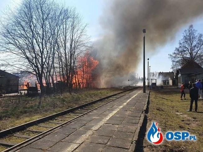 Wielki pożar tartaku w Dziemianach pod Kościerzyną, 14.04. 2019. Aż 22 zastępy strażaków brały udział w akcji gaśniczej [zdjęcia, video]
