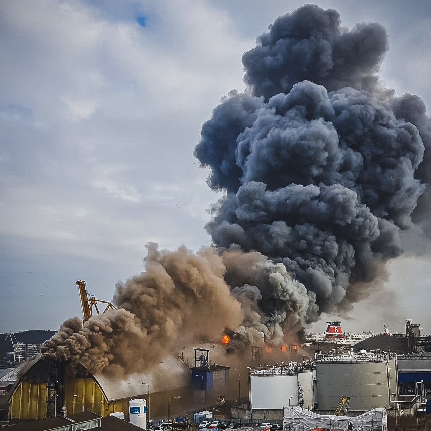 Pożar w Porcie Gdynia 5.03.2020. Strażakom udało się ugasić płonący magazyn. Przyczyny pożaru ustali policja [zdjęcia, wideo]