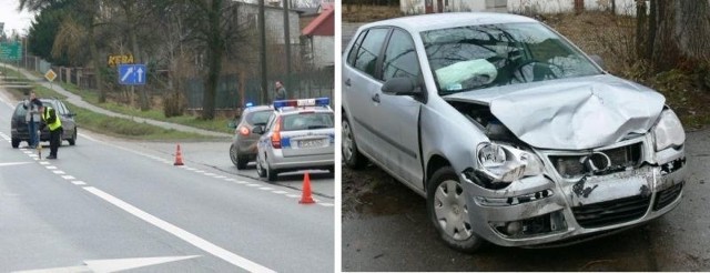 (Z lewej) W Suchedniowie o godz. 7.15 na przejściu dla pieszych została potrącona kobieta. (Z prawej) Volkswagen polo, podobnie jak dwa inne auta uczestniczące w wypadku na krajowej siódemce, został poważnie pokiereszowany.