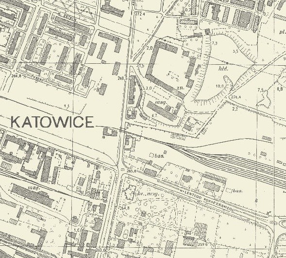 Katowice: Okolice Spodka na mapie z lat 1958-61