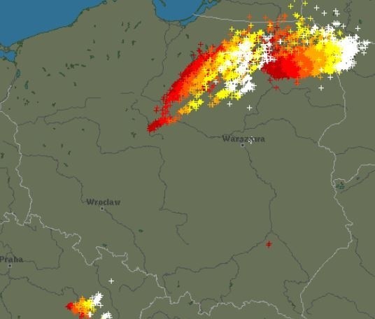 Burze nad Polską - mapa burz