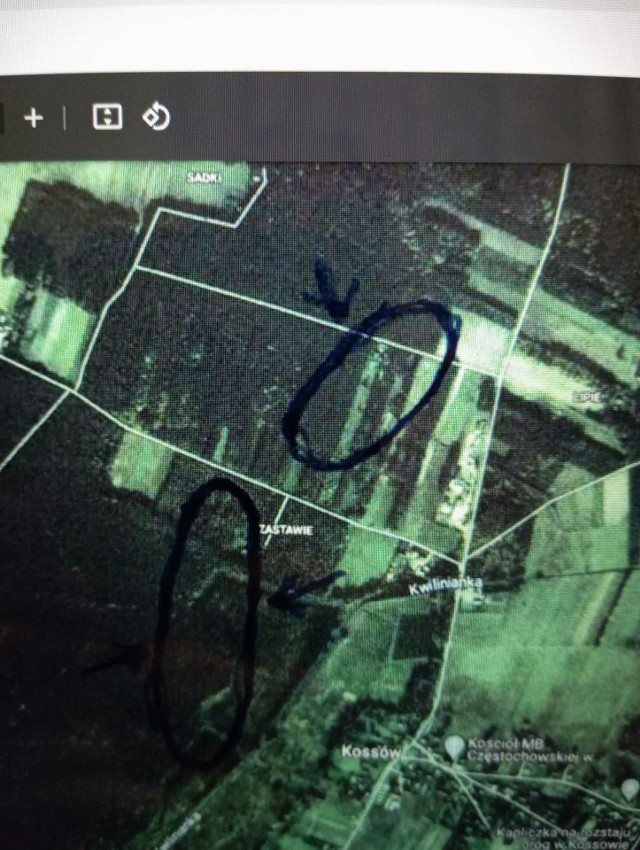Mapa na której jasnowidz zaznaczył miejsca, w których według jego wizji należy szukać ciała 40-latka. Właśnie w jednym z tych miejsc mężczyzna został odnaleziony