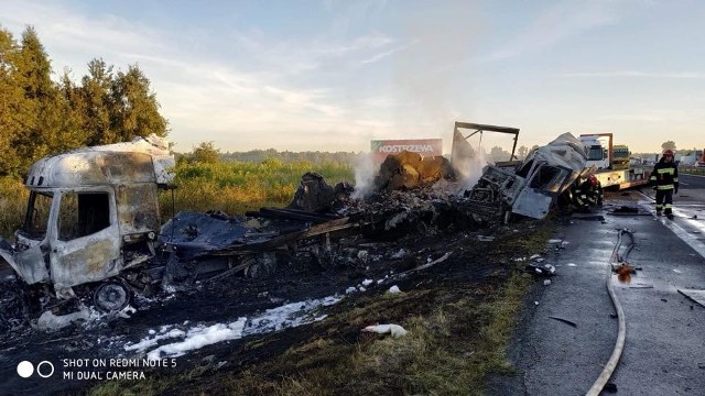 Zderzenie ciężarówek w na DK1 w Grabowej. Dwa pojazdy całkowicie spłonęły