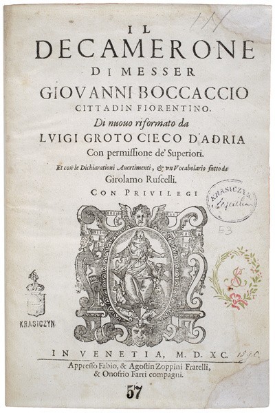 Karta tytułowa, Dekameron G.Boccaccio, Wenecja 1590