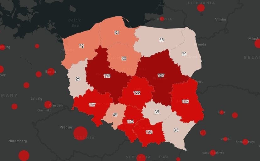 Dzienny przyrost koronawirusem w województwach