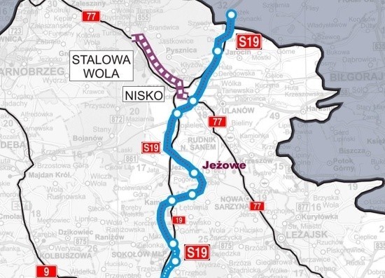 Przebieg drogi szybkiego ruchu S19 od granicy Podkarpacia z wojewódzkiem lubelskim i dalej przez Nisko i Jeżowe