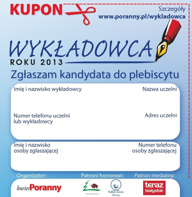 Kupon zgłoszeniowy do plebiscytu "Wykładowca Roku 2013"