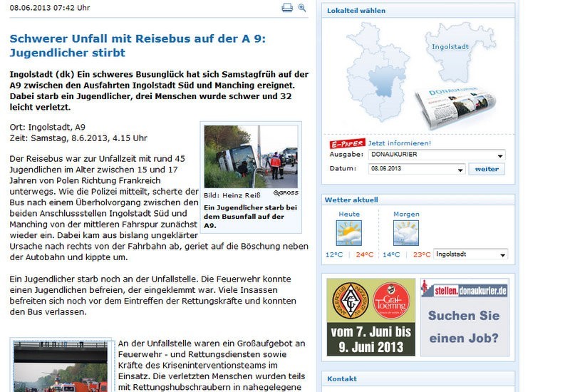 O wypadku piszą niemieckie media - np. www.donaukurier.de