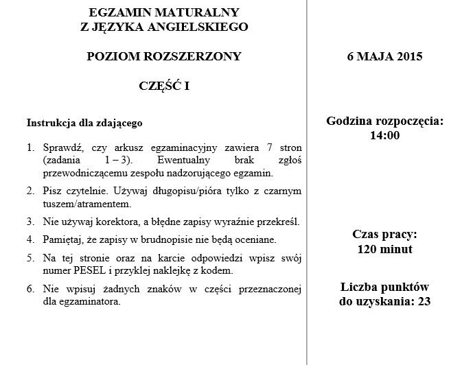 Angielski rozszerzony - matura 2015. Są arkusze CKE! Sprawdź, co było! PYTANIA, ODPOWIEDZI, KLUCZ