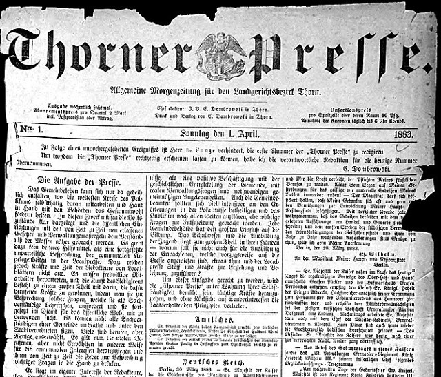 Pierwsza strona pierwszego wydania „Thorner presse”, zwanego przez polskich mieszkańców Torunia „Pressą” - z 1 kwietnia 1883 roku