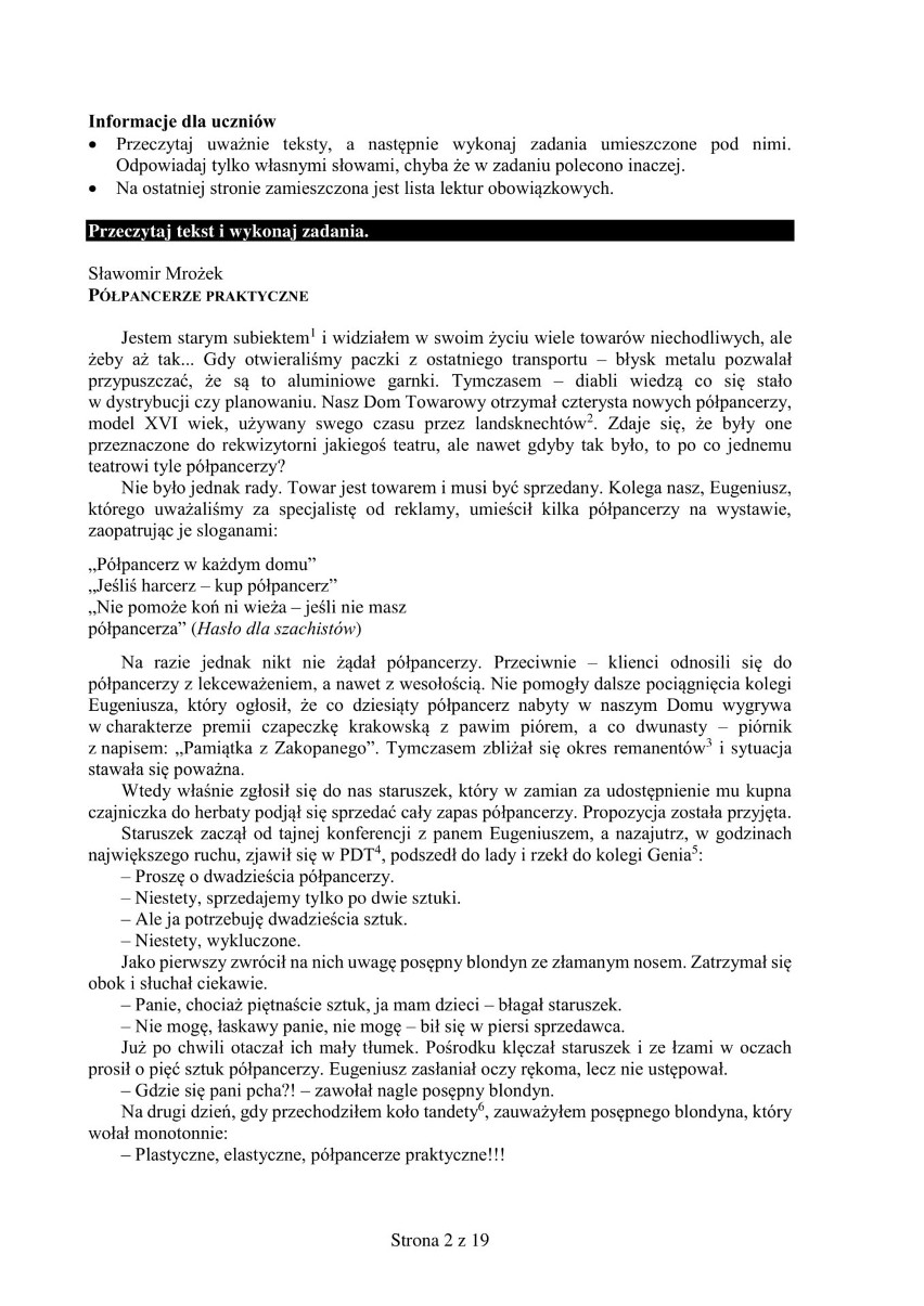 Przykładowy arkusz egzaminu ósmoklasisty zamieszczony przez Centralną Komisję Egzaminacyjną