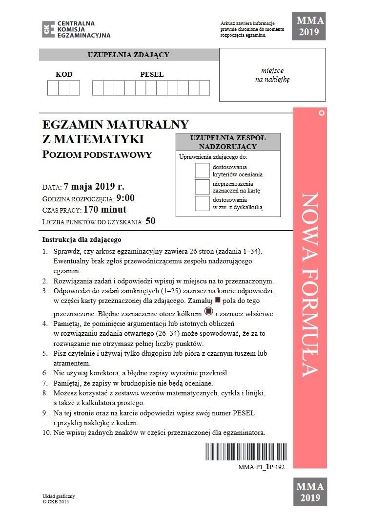 MATURA 2019 z MATEMATYKI PODSTAWOWEJ ODPOWIEDZI, PRZECIEKI,...