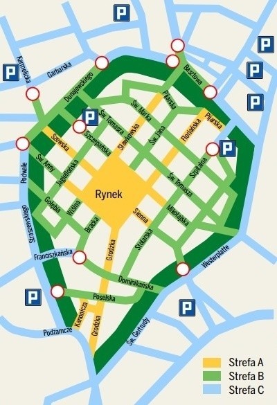 Mapa przedstawia miejsca, gdzie ustanowione są znaki zakazu wjazdu do strefy "B". Tam można natrafić na patrole straży miejskiej