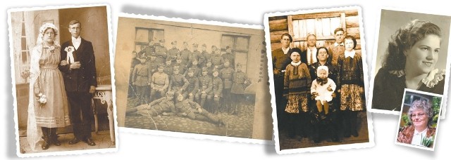 Od lewej: Zdjęcie ślubne rodziców, luty 1922 r. , Osadnicy z Annopola. Mój ojciec, Michał Sawicki trzeci od lewej na górze, A tu my z mamą i Michałem w 1941 r. na tle baraku w Kargowinie na Syberii. Ja z lewej strony, Ja w wieku 18 lat. Pracowałam już w biurze PSS i uczyłam się w wieczorowym Liceum przy Kościelnej, Irena Łaźna