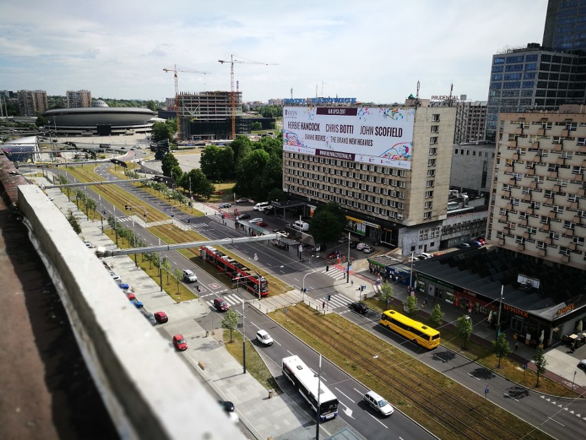 Sztuczna Rawa, palmy, leżaki i klomby. Za nią: dawny gmach...