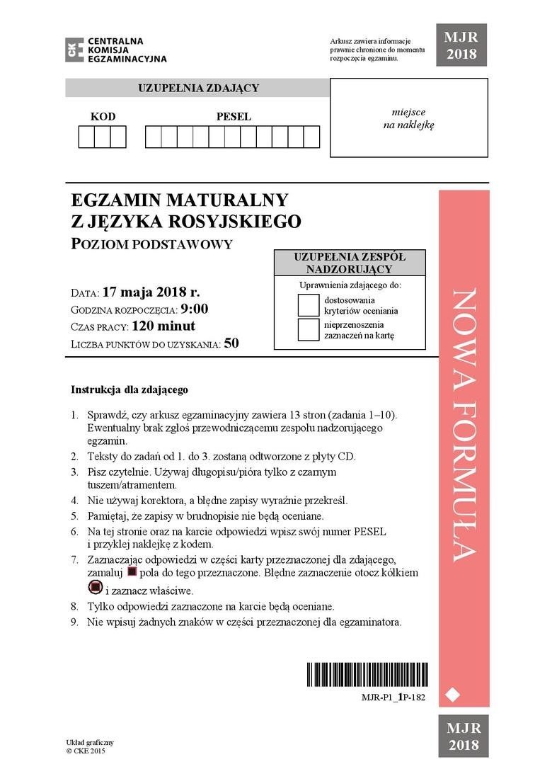 Matura 2018 język rosyjski PODSTAWA - ARKUSZE. Egzamin maturalny z rosyjskiego [17.5.2018]