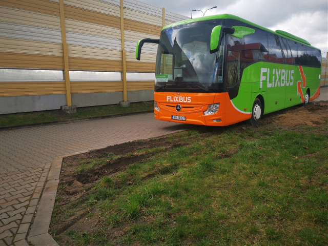 Tak parkuje FlixBus. Trawnik przy Ciołkowskiego nadaje się tylko do renowacji (zdjęcia)