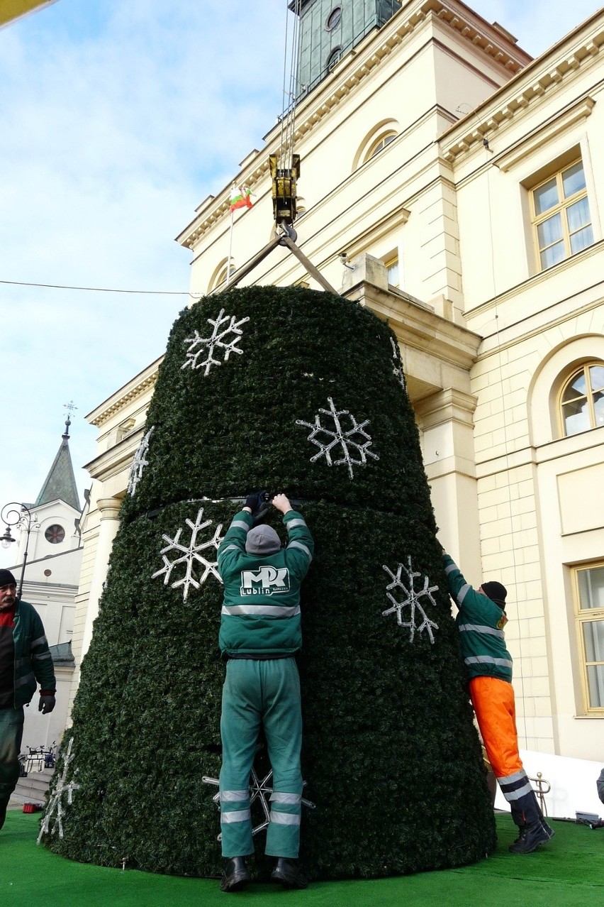 Zobacz jak ustawiano choinkę przed lubelskim ratuszem (ZDJĘCIA)