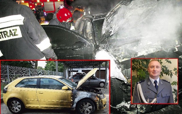 Bandyci spalili w nocy 2 samochody marki audi - czarny należy do komendanta miejskiego Piotra Beczkowskiego, żółty do policjantki