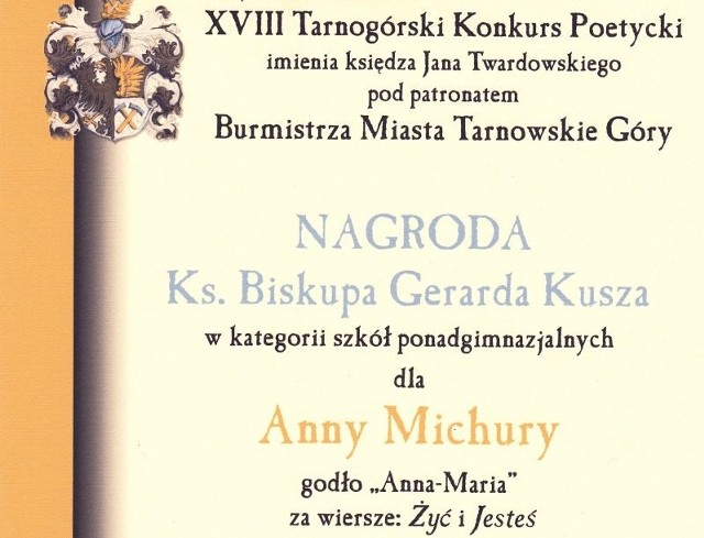 Oto dyplom za jedną z nagród poetyckich, jakie Ania dostała w ostatnim czasie