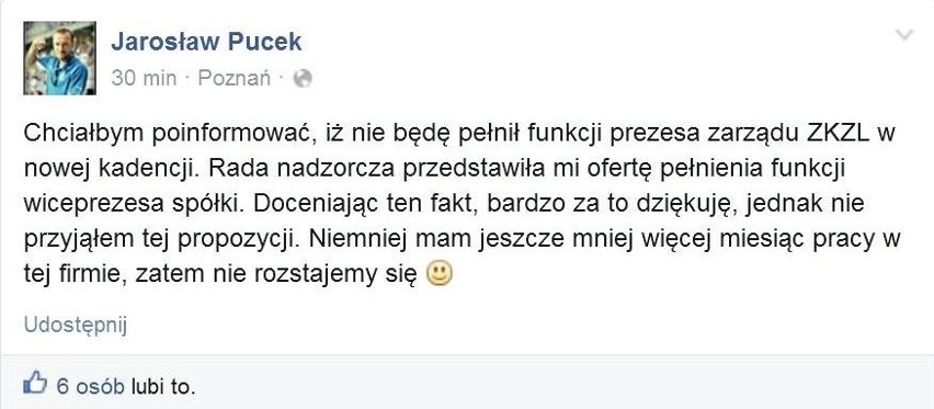 ZKZL Poznań: Jarosław Pucek odchodzi. Będzie nowy szef
