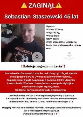 Zaginął Sebastian Staszewski. Ostatni raz widziany był we Wrocławiu  