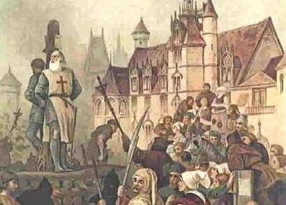 Egzekucja mistrza zakonu templariuszy Jakuba de Molay przez spalenie na stosie w 1314 roku.