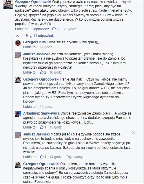 Dyskusja pomiędzy kibicami i szefem Stelmetu Zielona Góra na facebookowym profilu drużyny.