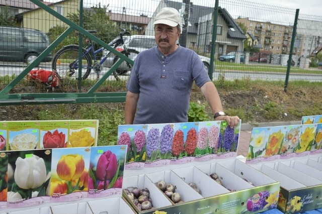 Pan Stanisław sprzedawał we wtorek na bazarze w Pińczowie "jesienne kwiaty".