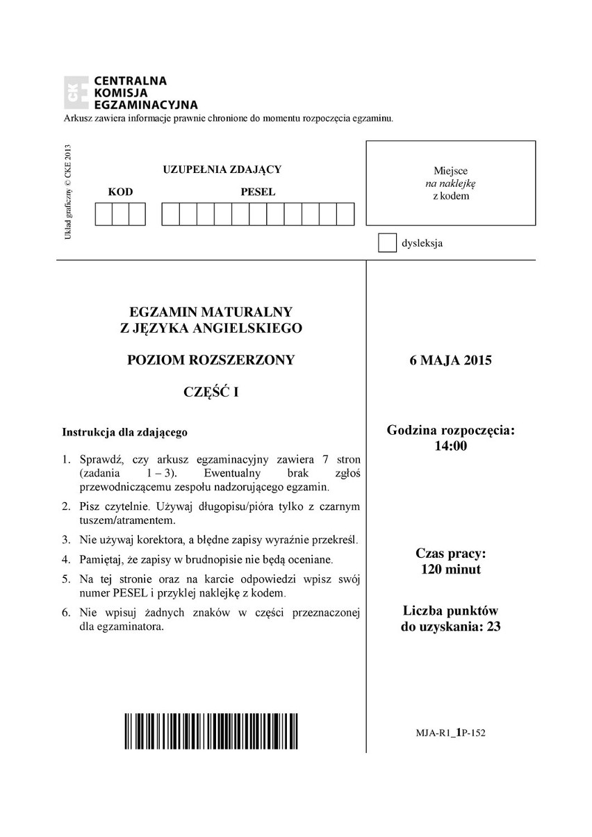 Matura 2015. Język ANGIELSKI poziom rozszerzony dla...