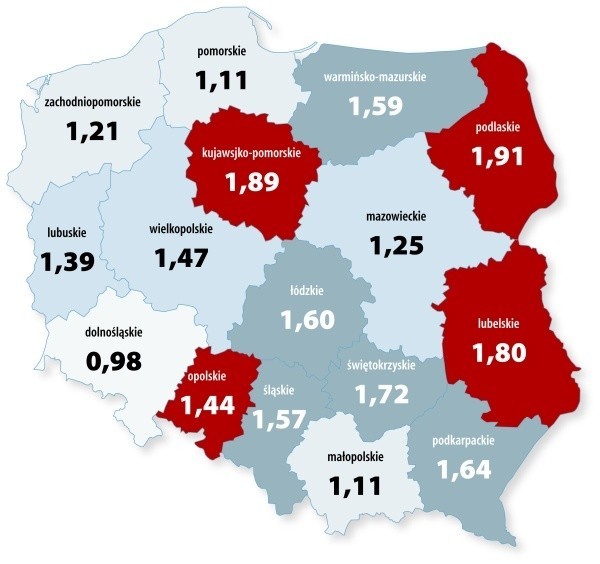 Jakość obsługi w województwach (w skali od -5 do +5)