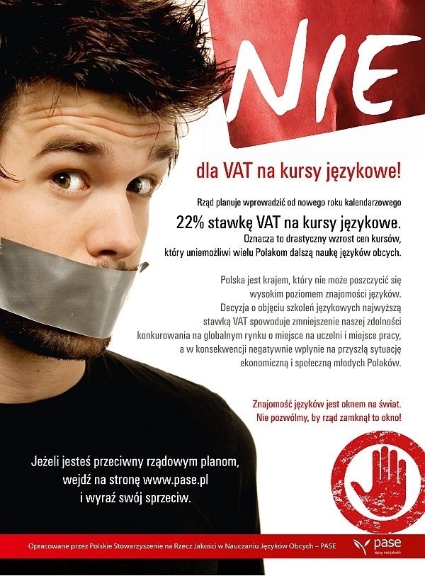 Plakat kampanii "Nie dla VAT-u na szkolenia językowe".
