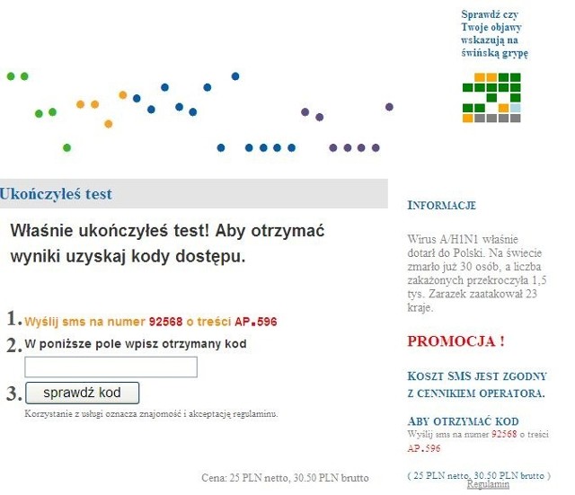 Takl kończy się test - trzeba wysłać drogie jak diabli sms-y. Wtedy dostaniemy wynik. - Jest bezwartościowy - mówi lekarz