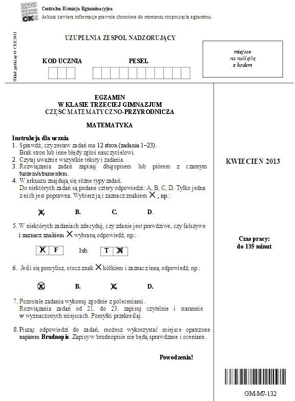 Wyniki testów gimnazjalnych 2013. Test z matematyki [ARKUSZ dla niesłyszących, ODPOWIEDZI wkrótce]