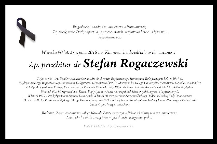 2 sierpnia zmarł ksiądz prezbiter doktor Stefan Rogaczewski