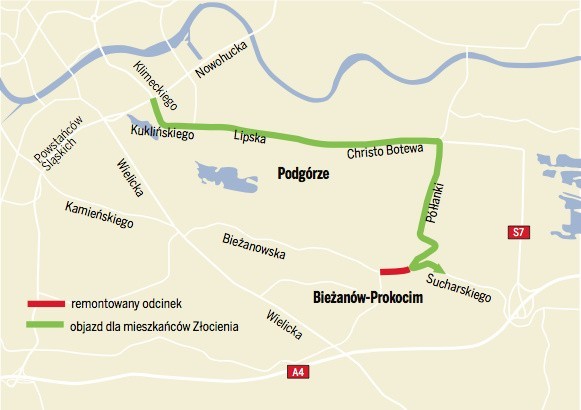 Wyłączony z ruchu został odcinek od ulicy Taborowej do Agatowej. Objazd do os. Złocień prowadzi przez ul. Botewa.