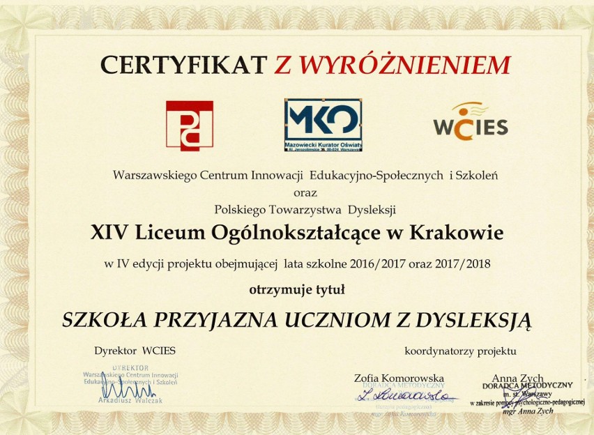 XIV LO i Gimnazjum nr 14 w Krakowie przyjazne dyslektykom