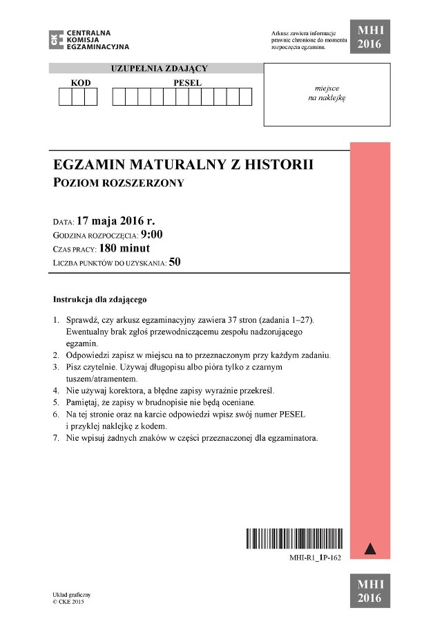 Matura z historii 17 maja 2016 na poziomie rozszerzonym. ARKUSZ CKE PDF