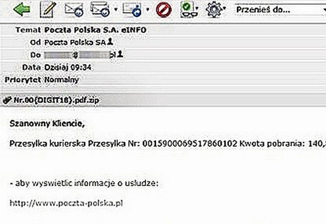 Mail może wzbudzić podejrzenie, bo nie zawiera polskich zna-ków. Pamiętajmy, by nie otwierać załącznika zip (na czerwono)