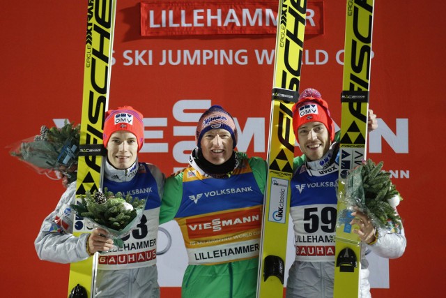 Winner severin freund of germany, center, stands with second placed kenneth gagnes of norway, left, and third placed andreas stjernen of norway celebrate after the world cup skijump normal hill in lillehammer, norway, saturday dec. 5, 2015. (cornelius poppe/ntb scanpix) norway out