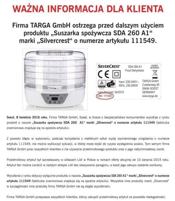 Lidl wycofuje kolejny produkt. Suszarka może spowodować pożar