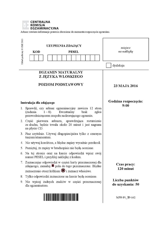 Stara matura 2016: Język włoski podstawa [ARKUSZ CKE]