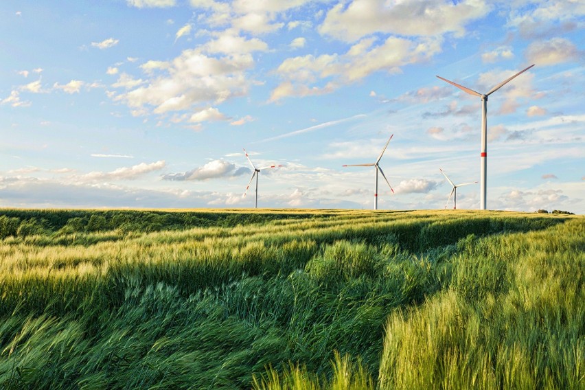 Farmy wiatrowe produkują energię elektryczną. Zespół turbin...