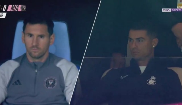 Lionel Messi i Cristiano Ronaldo oglądający mecz Al Nassr - Inter Miami.