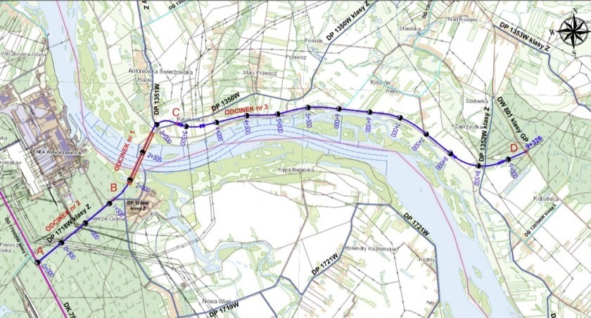 Mapa ukazująca lokalizację mostu na Wiśle i przebieg dróg...